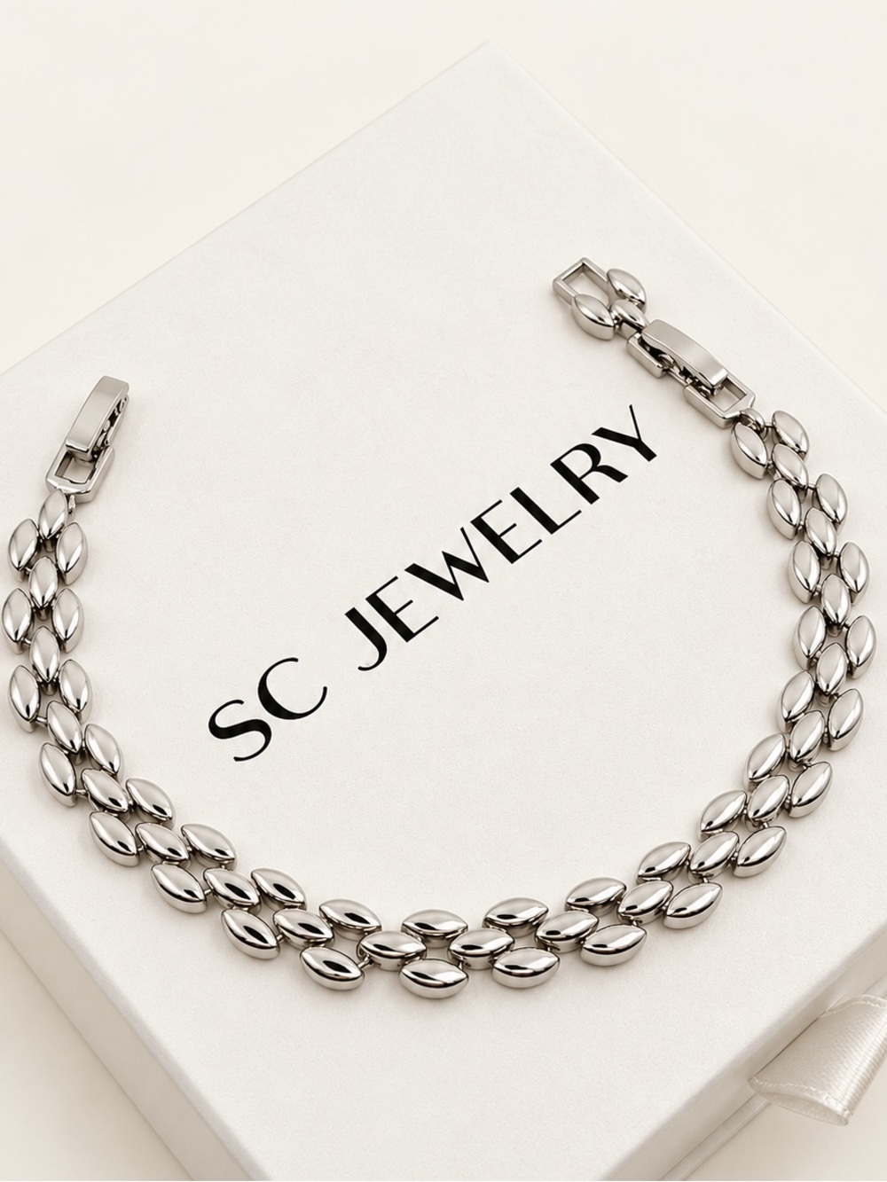 Platinum Plated Laurel Leaf Bracelet Rhodium Coated Botanical Link Jewelry
